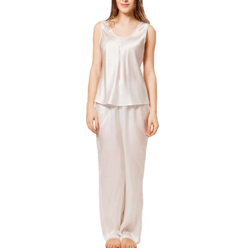 Women's 100% Silk Pajama Set Luxury Sleepwear Sleeveless Silk Tops Pajamas