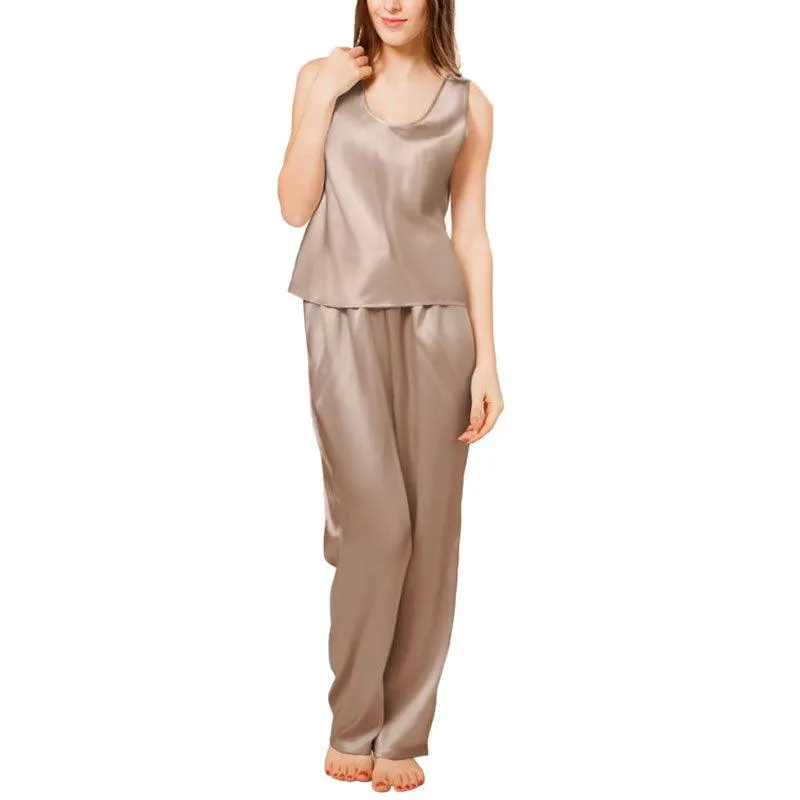 Women's 100% Silk Pajama Set Luxury Sleepwear Sleeveless Silk Tops Pajamas