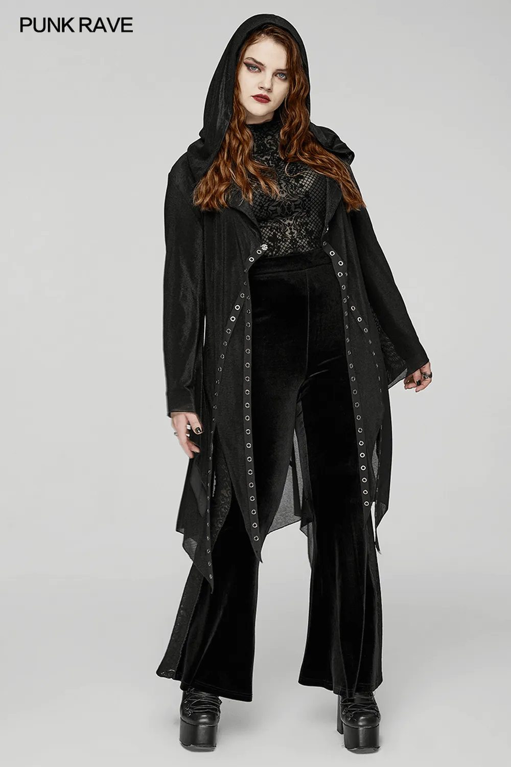 Women's Gothic Black Hooded Lace Cape with Eyelets