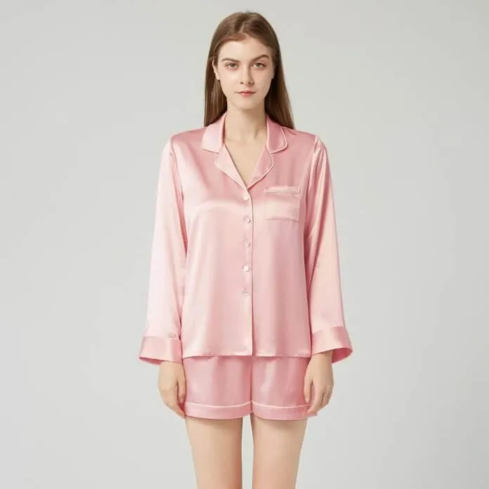 Women's Luxury Silk Sleepwear 100% Silk Long Sleeved Short Pajamas Set