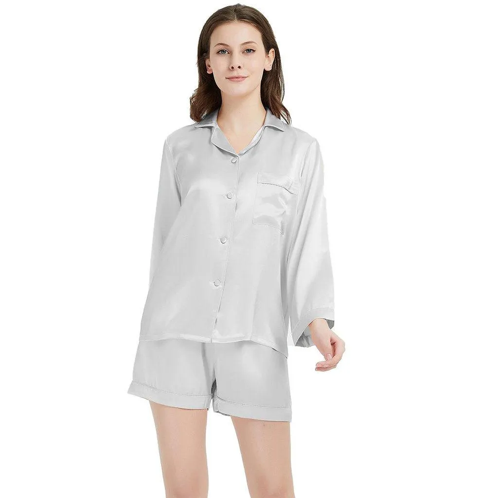 Women's Luxury Silk Sleepwear 100% Silk Long Sleeved Short Pajamas Set