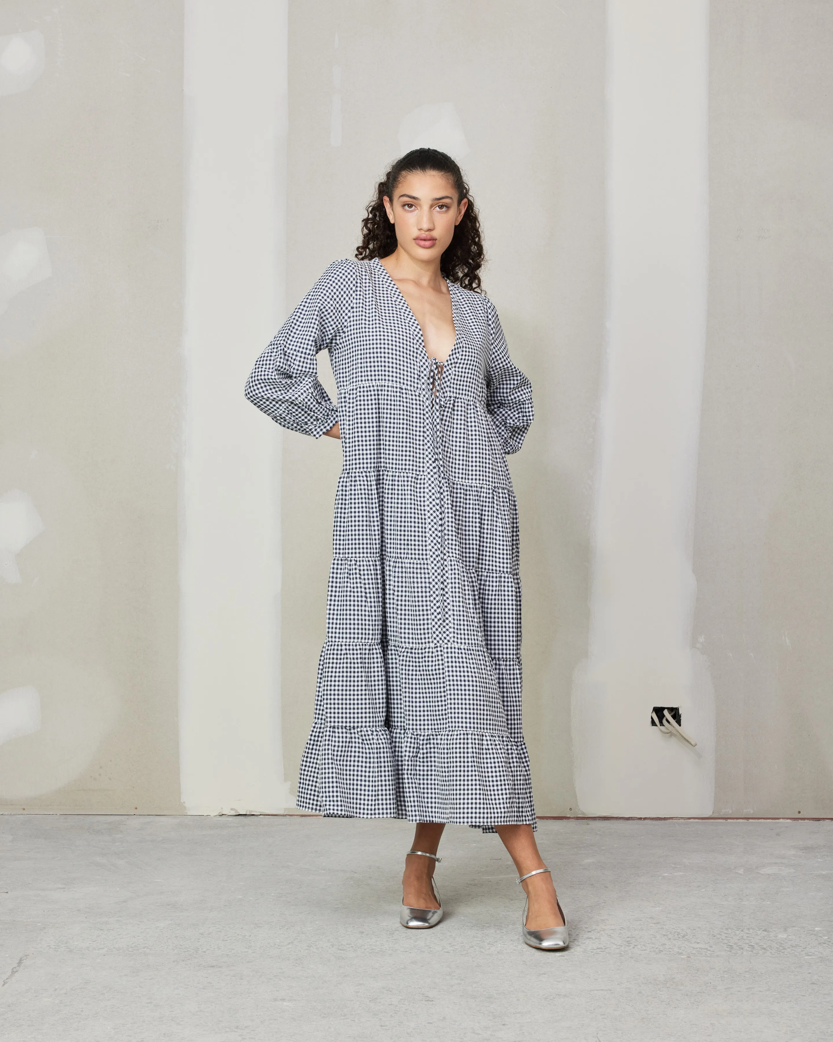 WREN TIERED MAXI DRESS NAVY GINGHAM